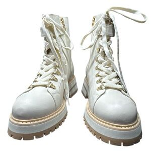Vinci White Leather Platform Combat Boots Gold Hardware